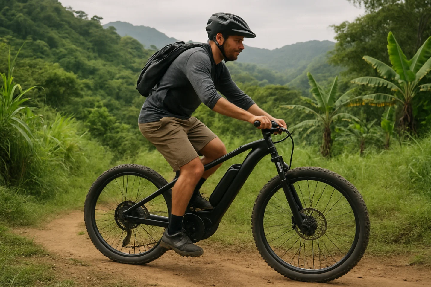 Escena editorial realista de una persona pedaleando una bicicleta eléctrica de montaña por un sendero natural rodeado de vegetación, sin identificar una ruta concreta.